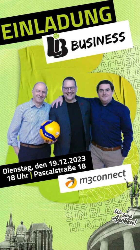 Das Bild zeigt die Geschäftsführer von m3connect links und rechts vom Geschäftsführer der LiB vor einem hellgrünen Hintergrund mit einem Bildausschnitt vom Aachener Dom und dem Elisenbrunnen
